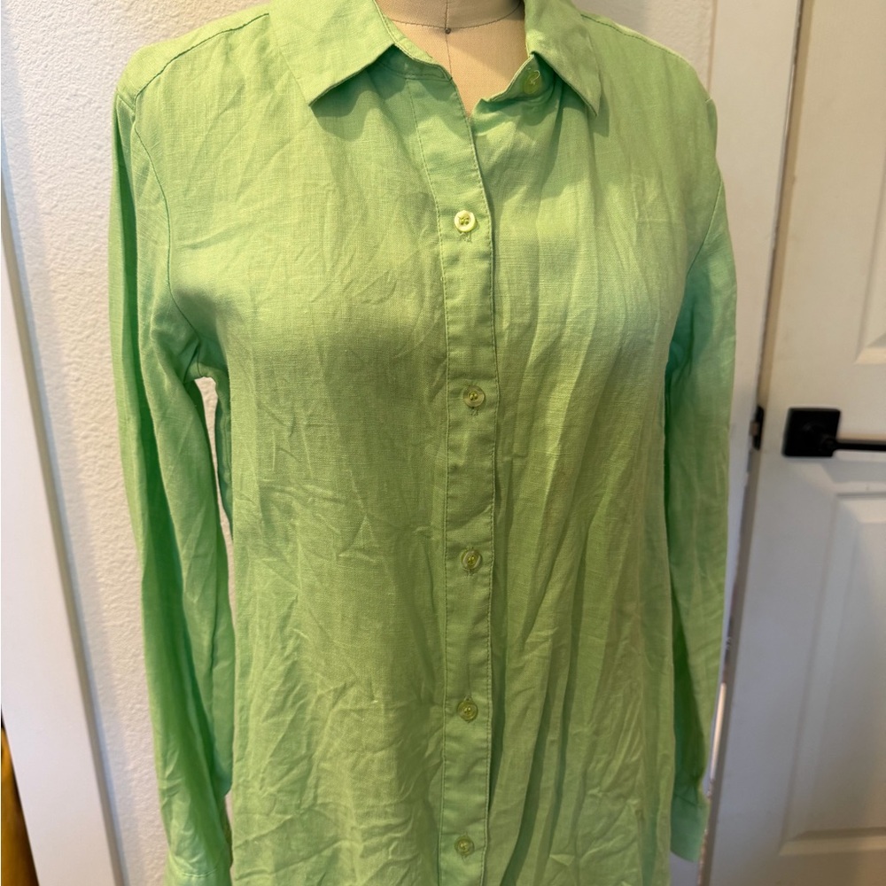 Pure Amici green linen button down shirt